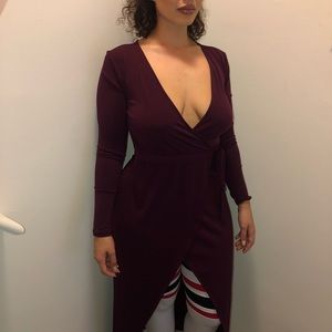 Deep Wine High Slit Midi Wrap Dress